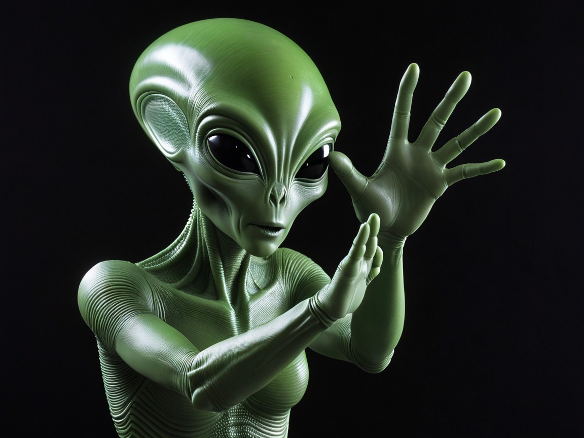 Green Humanoid Alien Character with Black Eyes