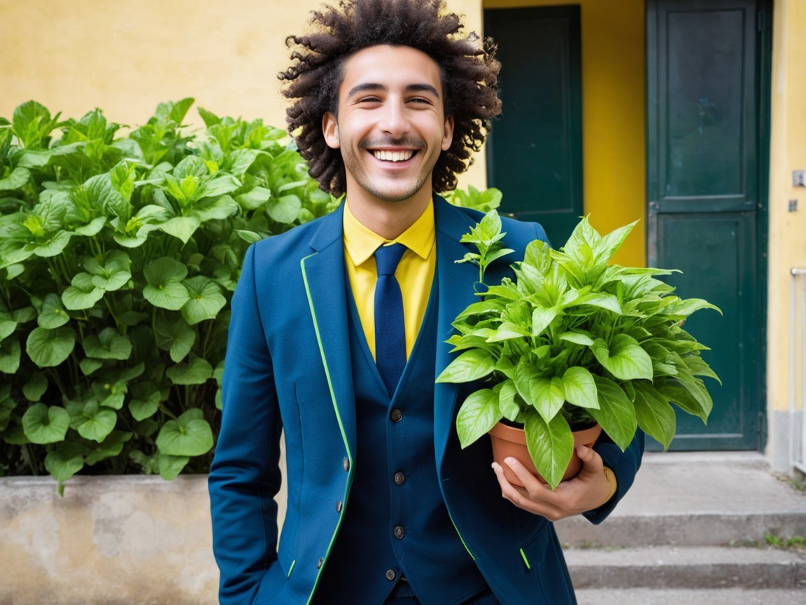 Young man in blue suit with potted plant and foliage