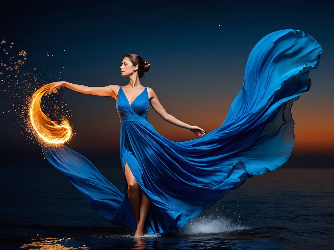 Woman in Blue Gown Surrounded by Magical Light