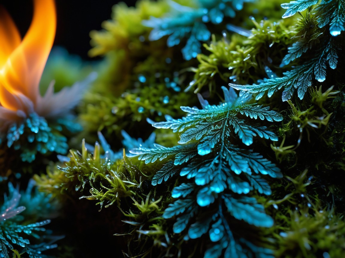 Lush Green Moss and Ferns with Flickering Flames