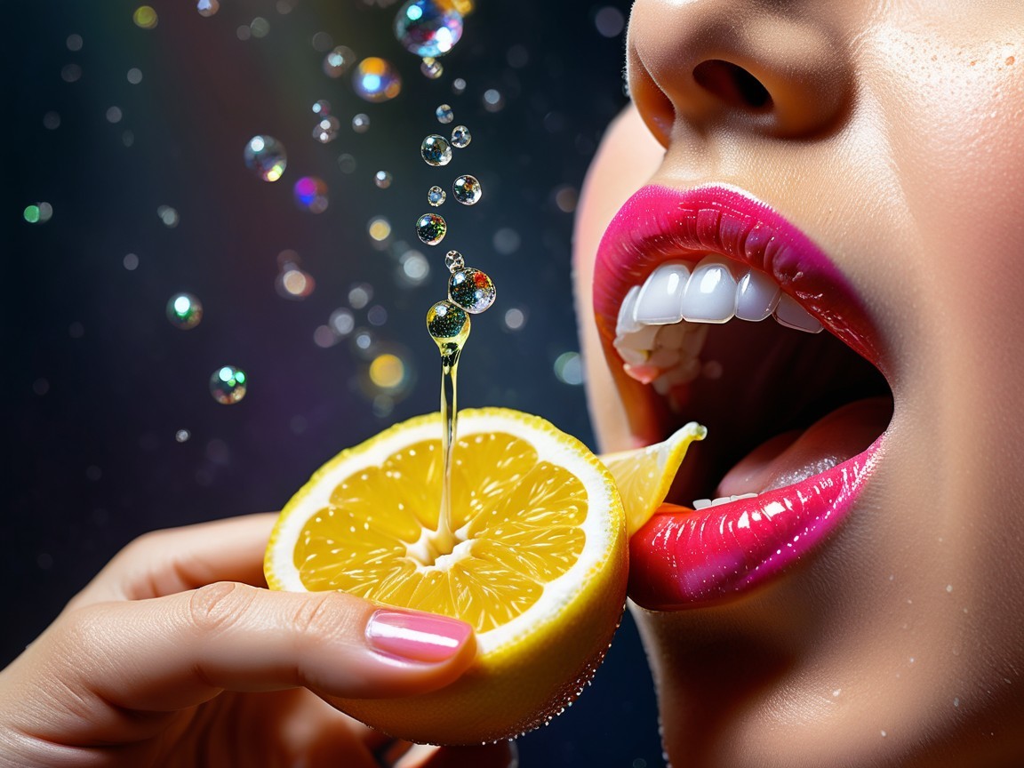 Close-Up of Woman's Mouth with Lemon Slice and Bubbles