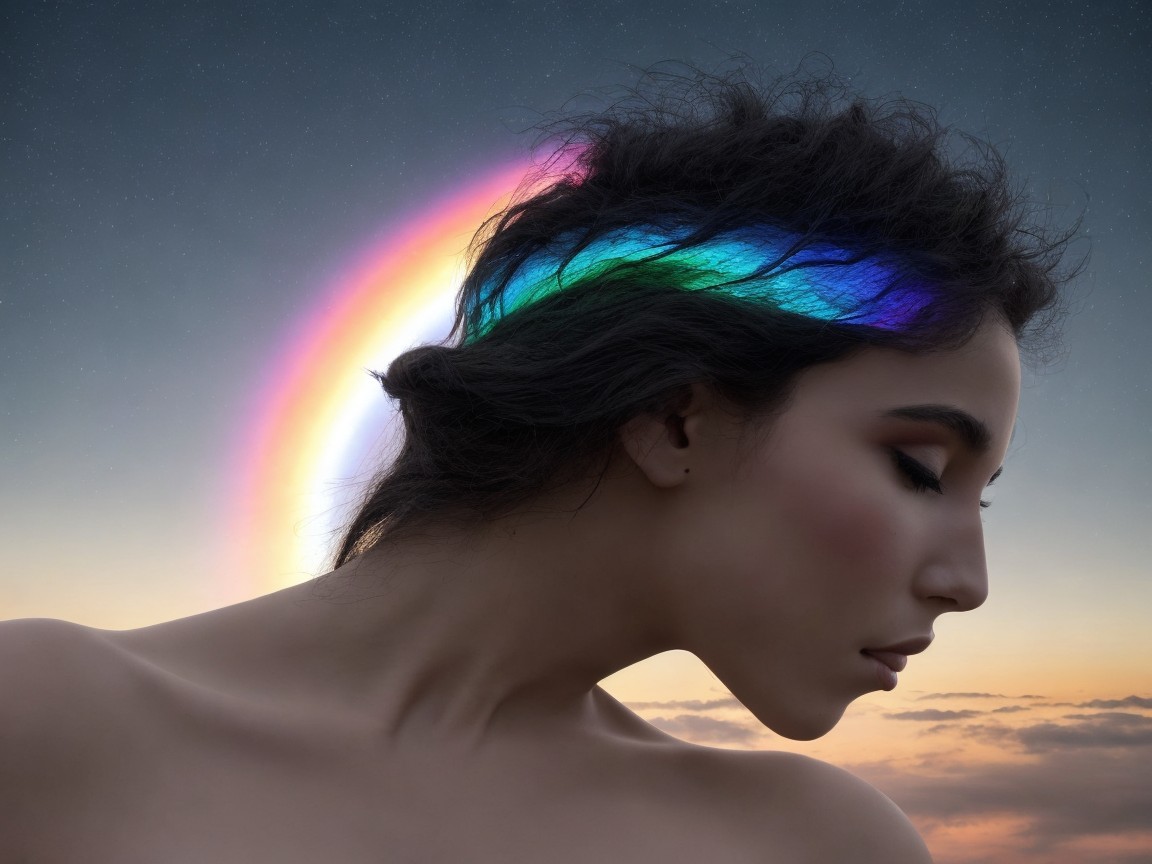 Profile of a woman with dark hair and rainbow backdrop