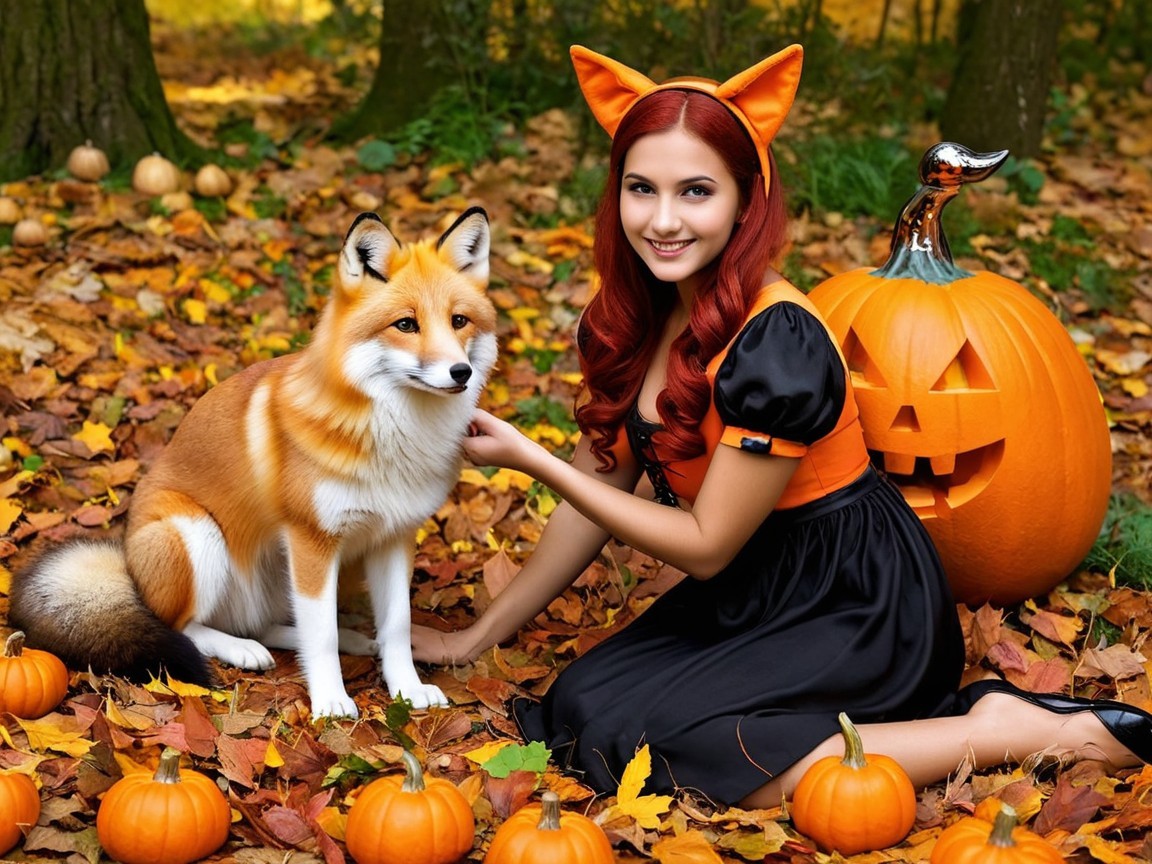 Autumn Scene with Woman, Fox, and Pumpkins