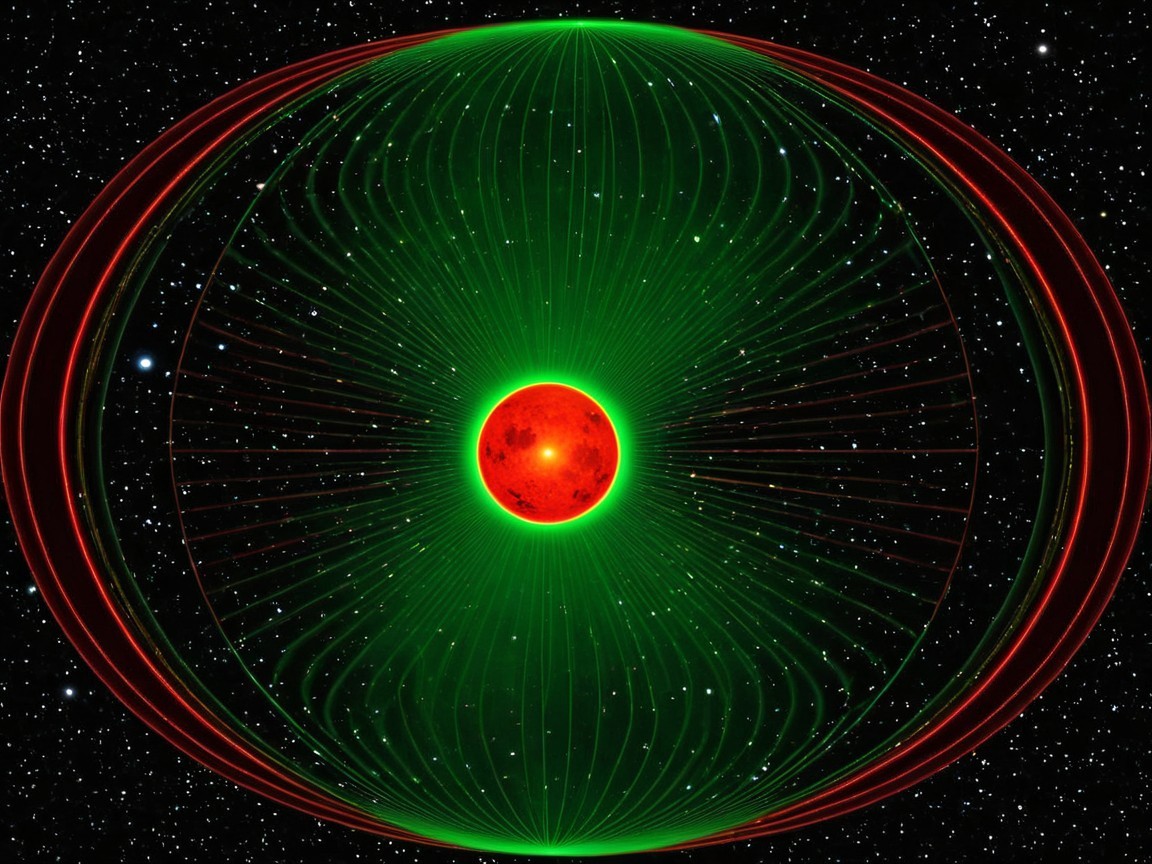 Vibrant cosmic scene with red star and magnetic fields