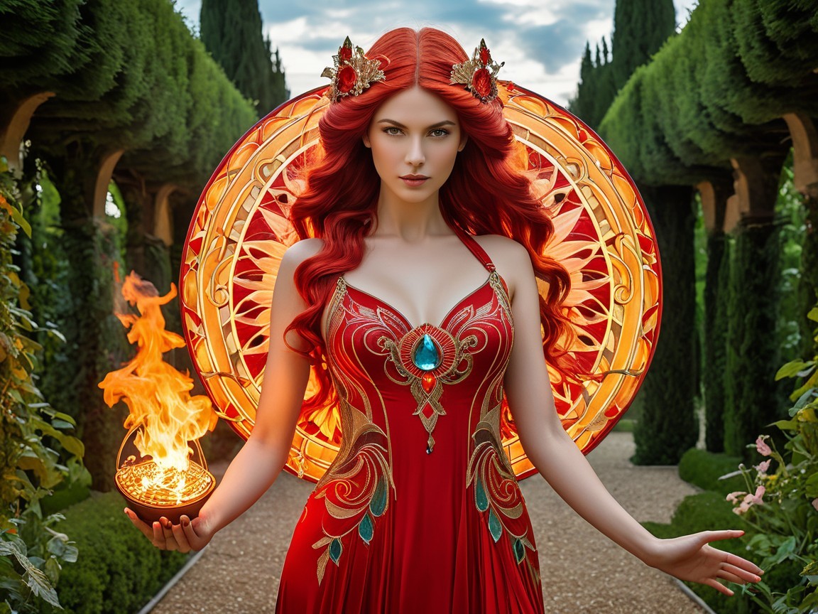 Elegant Figure in Red Gown with Glowing Bowl