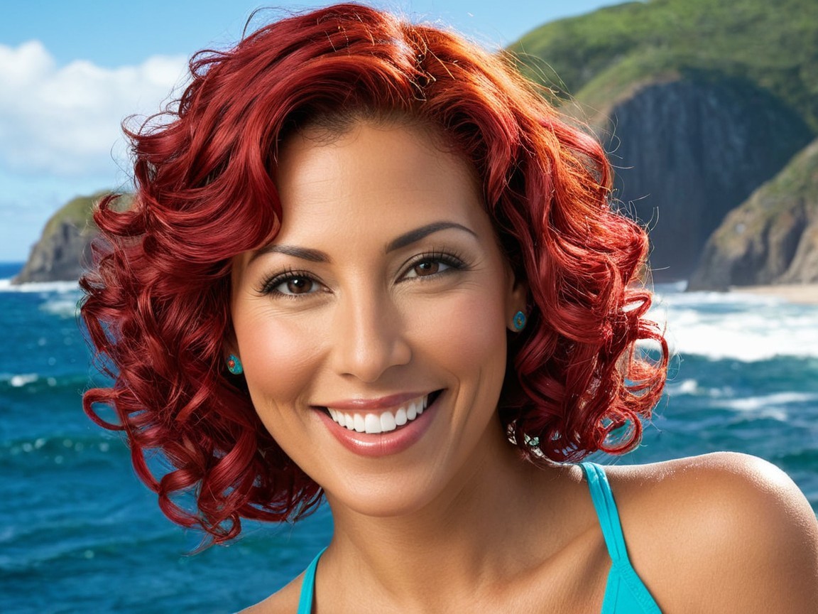 Woman with Red Hair Smiling by Coastal Scenery