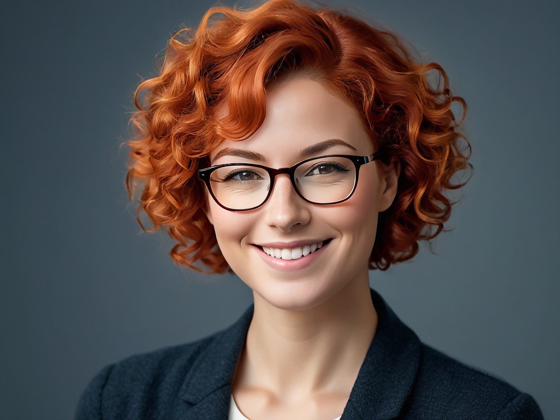 Confident Woman with Curly Red Hair and Glasses