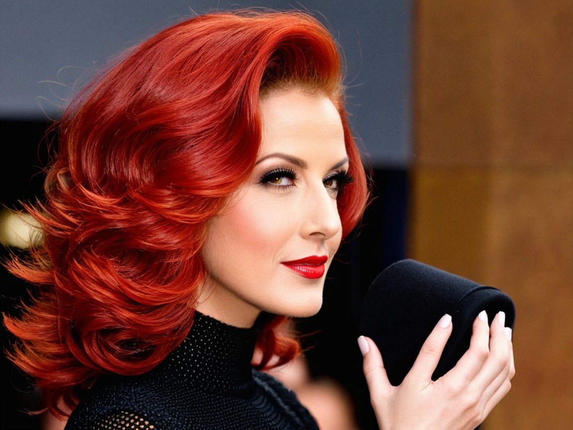Woman with voluminous red hair and dramatic makeup