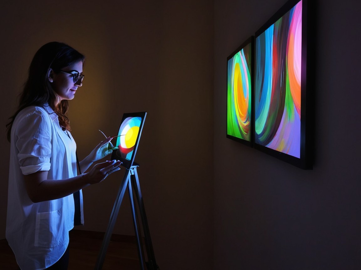 Woman in Art Gallery Engaged with Digital Tablet