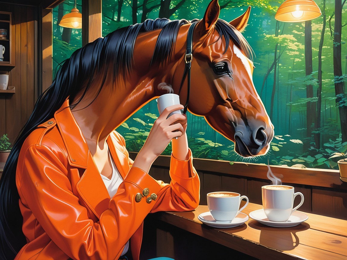 Whimsical Café Scene with Woman and Horse's Head