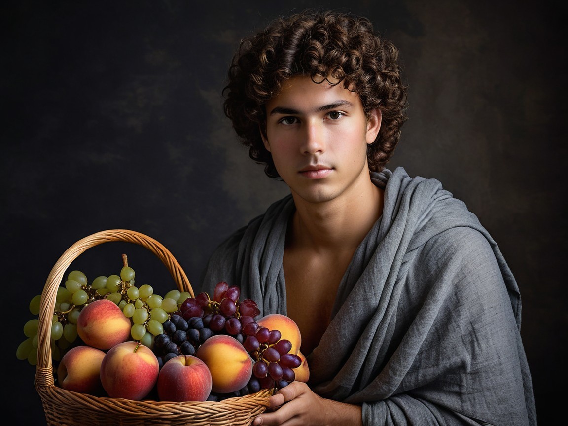 Young Man with Fruits in Flowing Gray Fabric