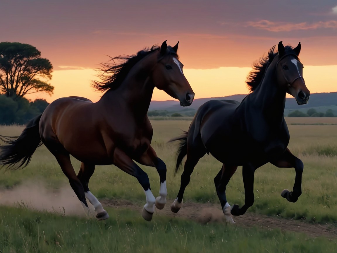 Horses Galloping in a Sunset Field Landscape