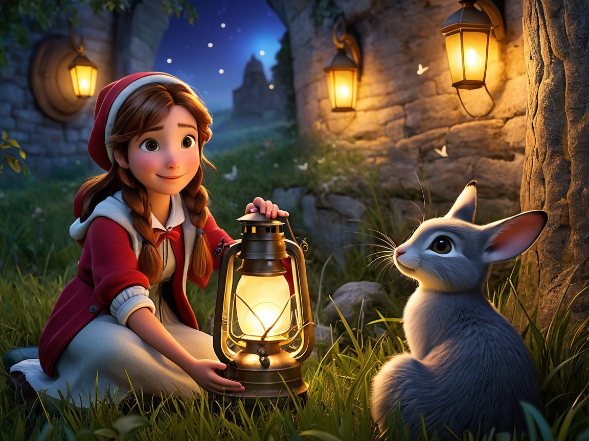 Young girl in red cloak with lantern in moonlit scene