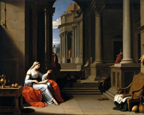 Serene Interior Scene with Woman in White Dress