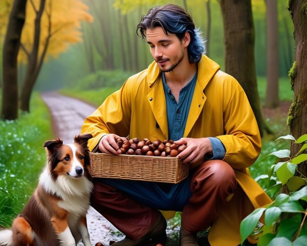 Young Man in Raincoat Collecting Chestnuts in Forest