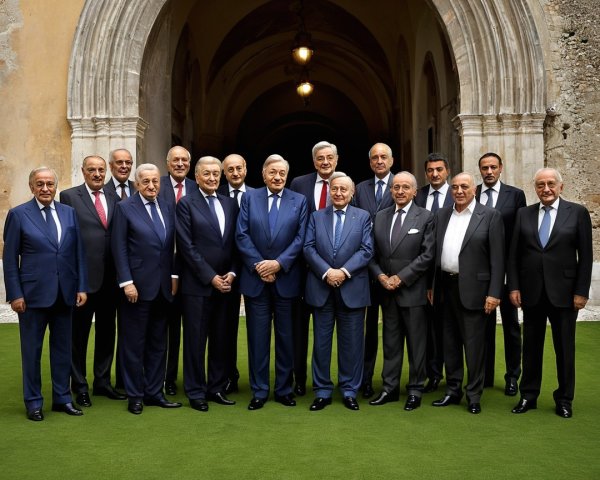 Formally Dressed Men in Arched Courtyard Setting