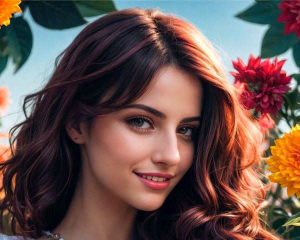 Young woman in floral setting with warm smile