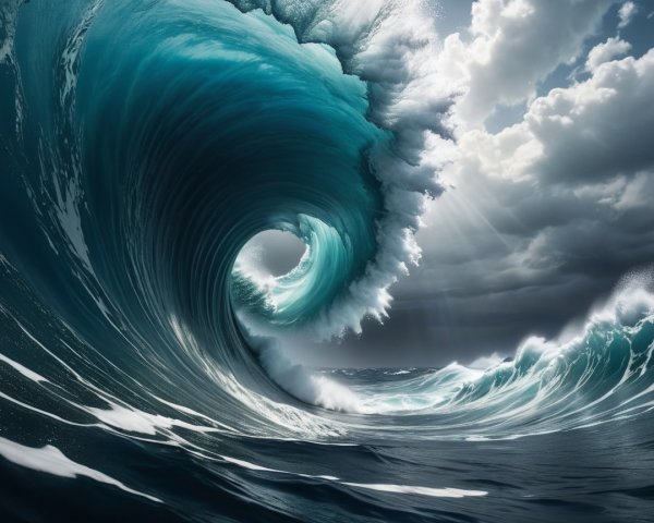 Dramatic Turquoise Wave Against Dark Cloudy Sky