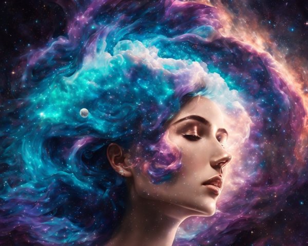 Woman's Profile Against Cosmic Galaxy Background