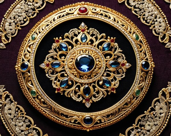 Ornate jewelry with gold filigree and vibrant gemstones