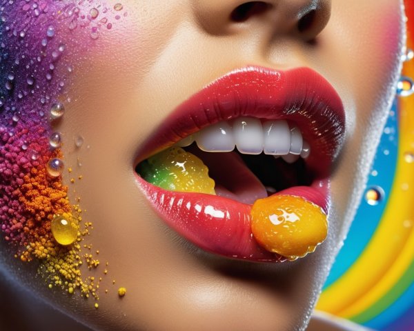Close-up of Glossy Red Lips with Colorful Candies
