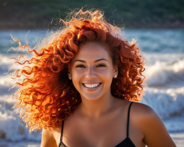 Joyful woman with curly red hair at the beach