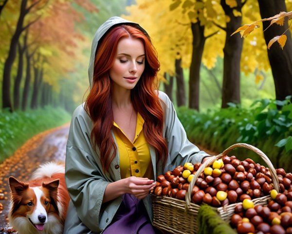 Young Woman with Dog in Autumn Forest Setting