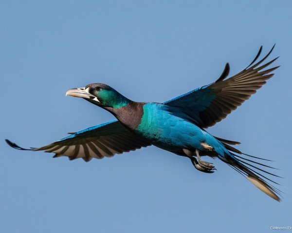 Vibrant Bird in Mid-Flight Against Clear Blue Sky
