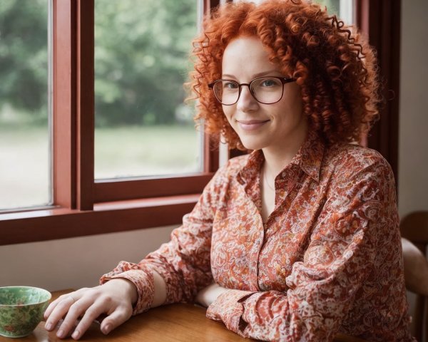 Young woman with red hair and glasses at a table