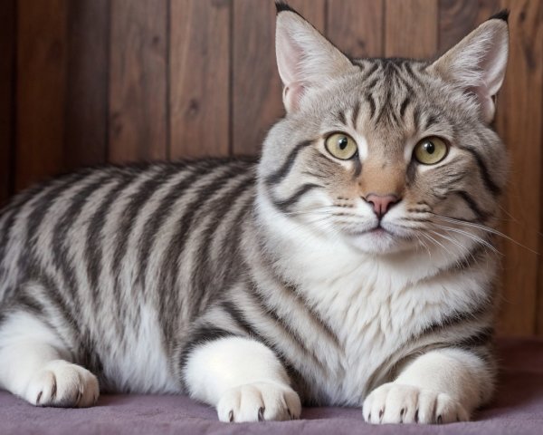 Fluffy Striped Cat on Soft Surface with Cozy Backdrop