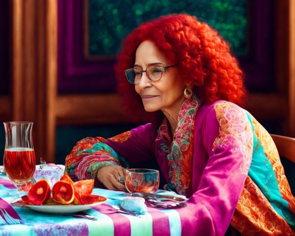 Woman with red hair at a colorful table setting