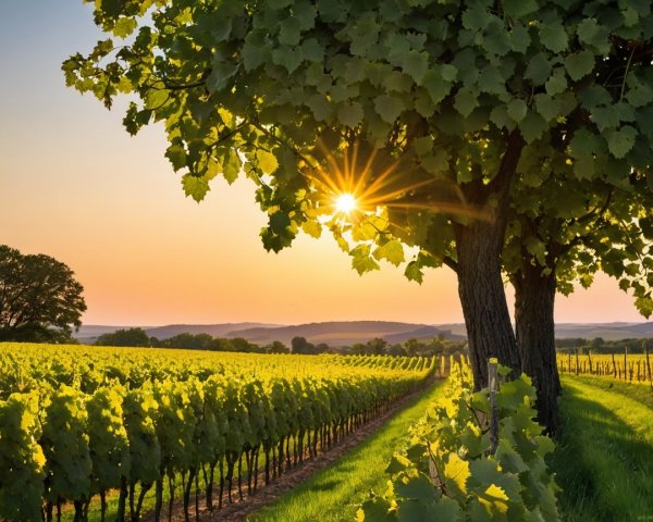 Vineyard Landscape at Sunset with Lush Green Vines