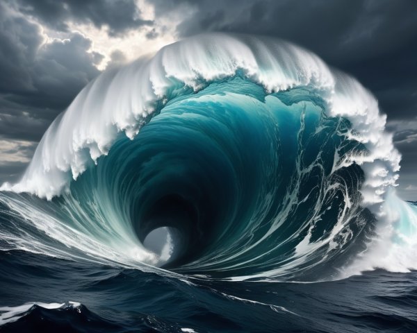 Dramatic Towering Wave Against Dark Cloudy Skies