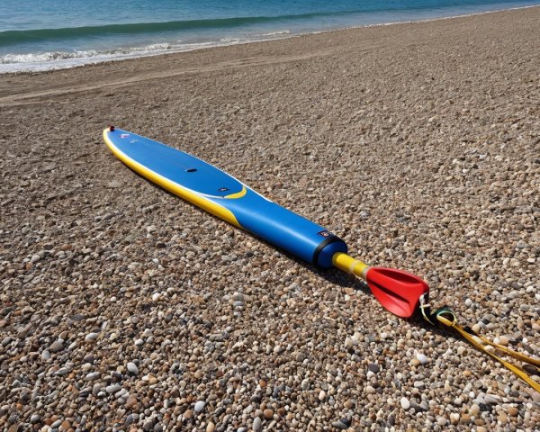 Vibrant Paddleboard on Sandy Beach with Calm Waves
