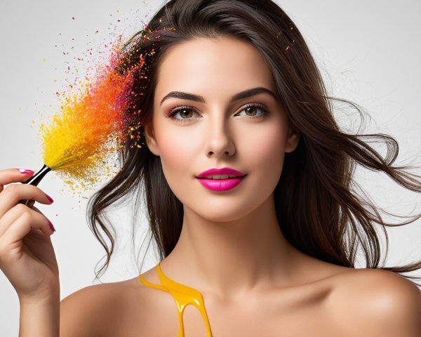 Glamorous Woman with Colorful Brush and Vibrant Particles