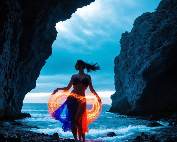 Silhouetted Woman at Rocky Coastline with Ocean Waves