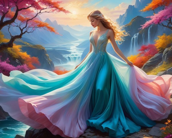 Woman in Gradient Gown by Vibrant Autumn Landscape