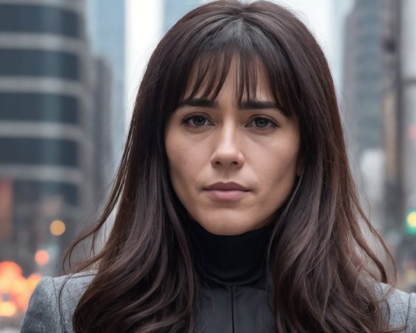 Confident Woman in Urban Environment with Blurred Cityscape