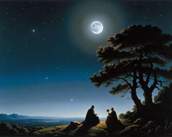 Full Moon Night Sky with Two Figures Beneath Tree