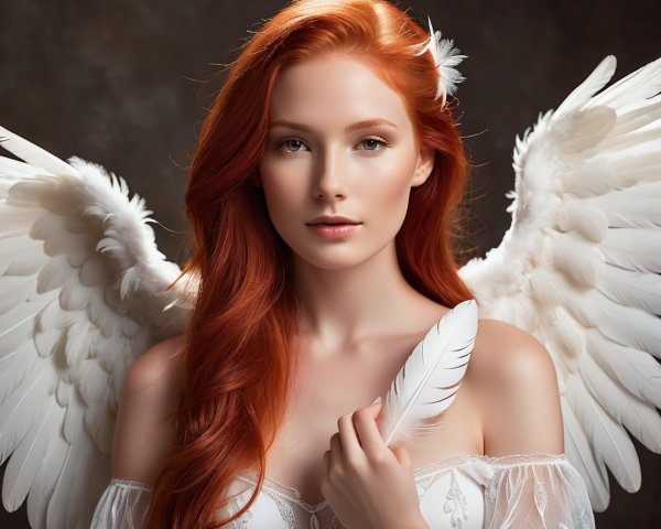 Pale Woman with Angel Wings and White Dress Portrait