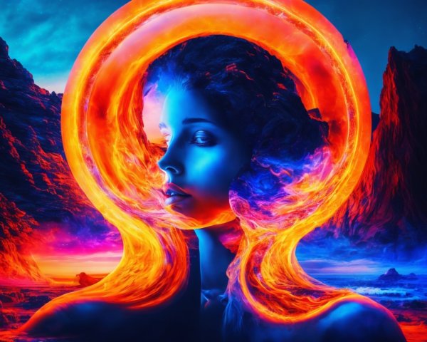 Surreal Scene of Woman's Face with Fiery Elements