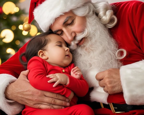 Santa Claus Holding a Sleeping Baby in Red Outfit