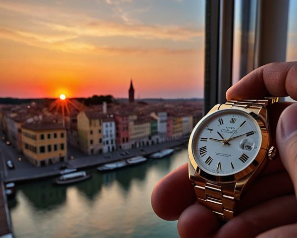 Luxurious Gold Watch Against Sunset Cityscape