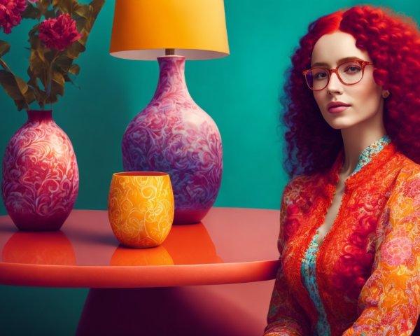 Woman with Red Hair by Colorful Table and Decor