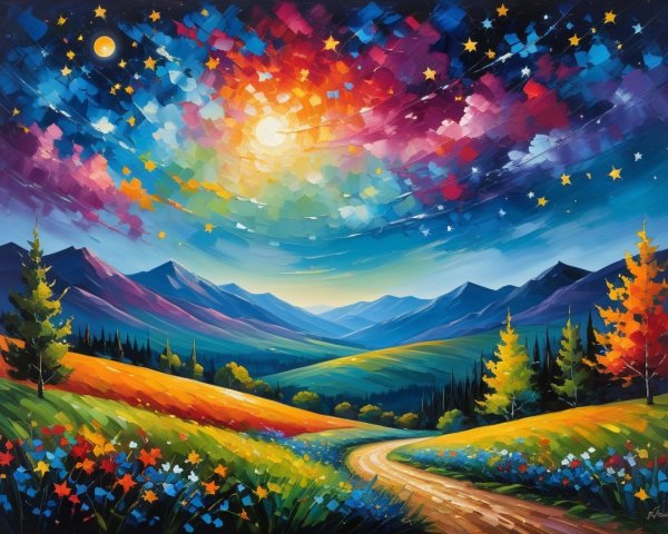 Vibrant Landscape Under Cosmic Sky with Colorful Meadows