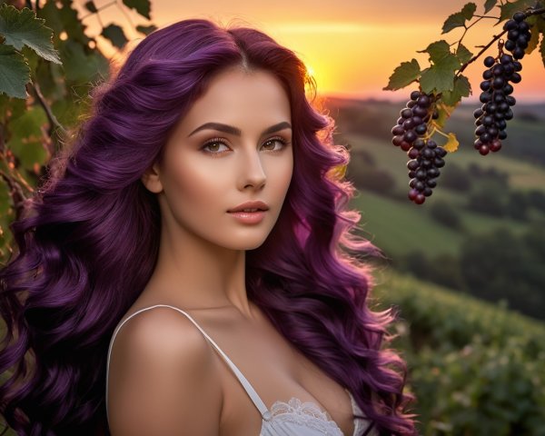 Woman with Purple Hair in Vineyard at Sunset