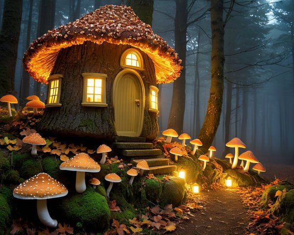 Whimsical Mushroom-Shaped House in a Misty Forest