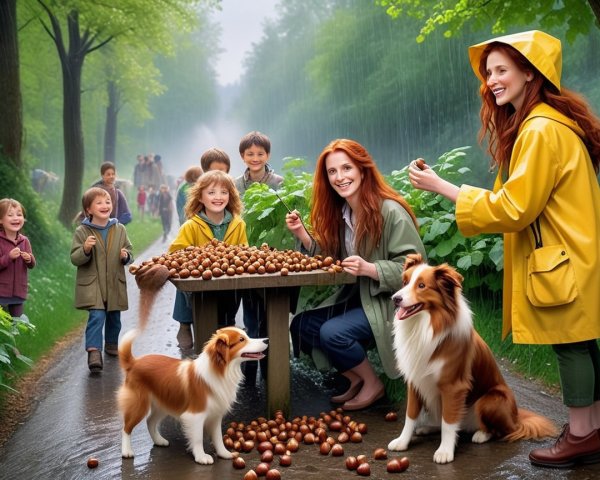 Children and Women Enjoy Chestnuts in Rainy Park