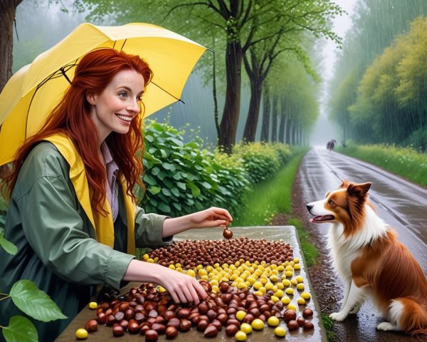 Woman with red hair sorts candies in a park setting