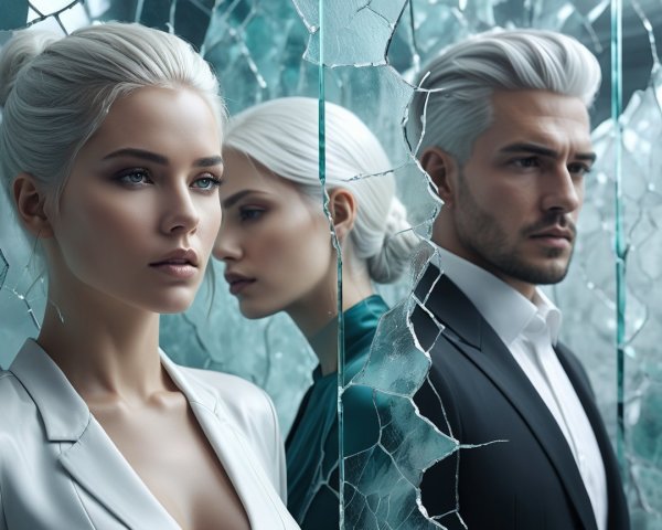 Platinum Blonde Duo in Dramatic Glass Reflection